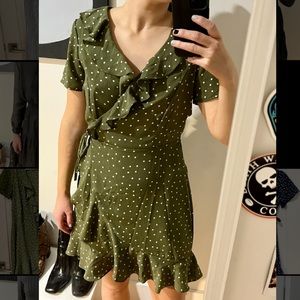 Green polka dot wrap dress